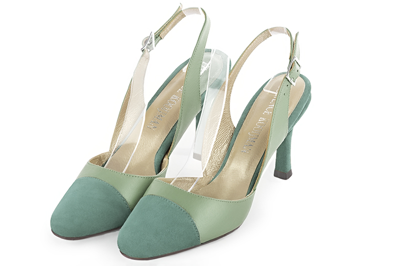 Mint green women's slingback shoes. Round toe. High slim heel. Front view - Florence KOOIJMAN